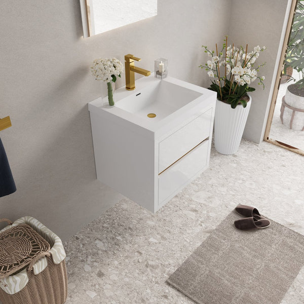 English Elm 24'' Wall Mount Bathroom Vanity Fluted Smoked Walnut Soft Close Drawer Quartz Basin W1920P385566