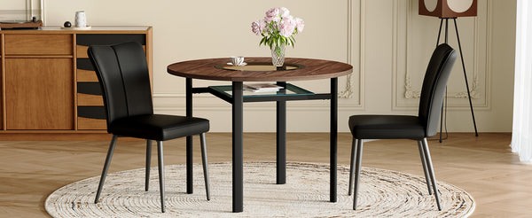 English Elm Table Set Round 42 Inch Wood Grain Mdf Dining with Glass Inset and Two Pu Chairs W1151S04494