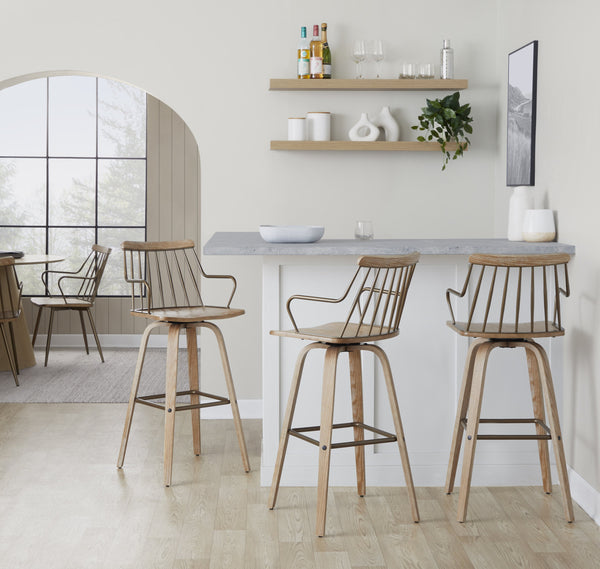 English Elm Fixed-height Swivel Barstool Whitewashed Spindle Back with Copper Footrest for Kitchen Islands B202P471173