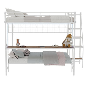 English Elm Full Over Twin Metal Bunk Bed with Desk Led Strip Shelves for Teen Dorm Rooms Ancient White W1935S00010