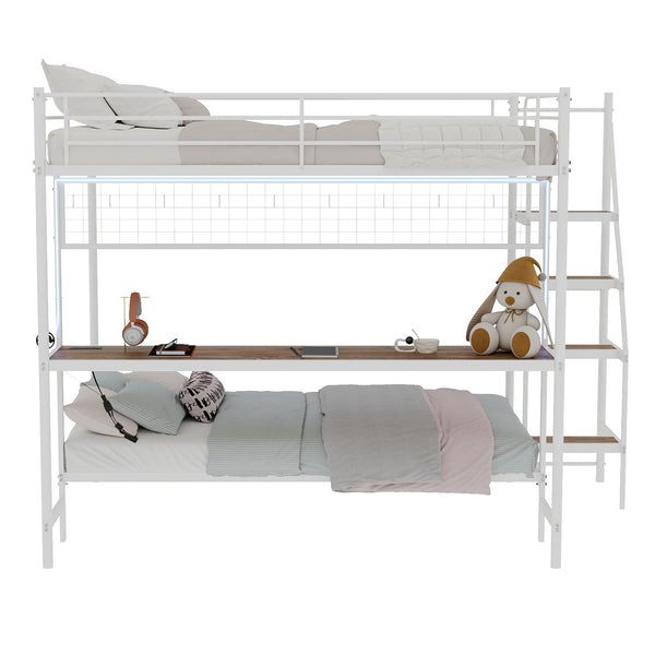 English Elm Full Over Twin Metal Bunk Bed with Desk Led Strip Shelves for Teen Dorm Rooms Ancient White W1935S00010