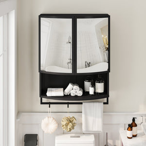 English Elm 23.62"Modern Arched Glass Cabinet with Shatterproof Mirror, Double-Layer Storage, Towel Rack, Black W757P314594