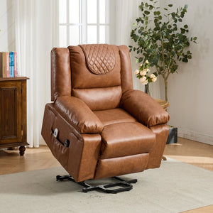 English Elm Brown PU Remote-Controlled Heating Massage Recliner for Seniors with Assist Lift, Cup Tray & Remote Controls W570P320458
