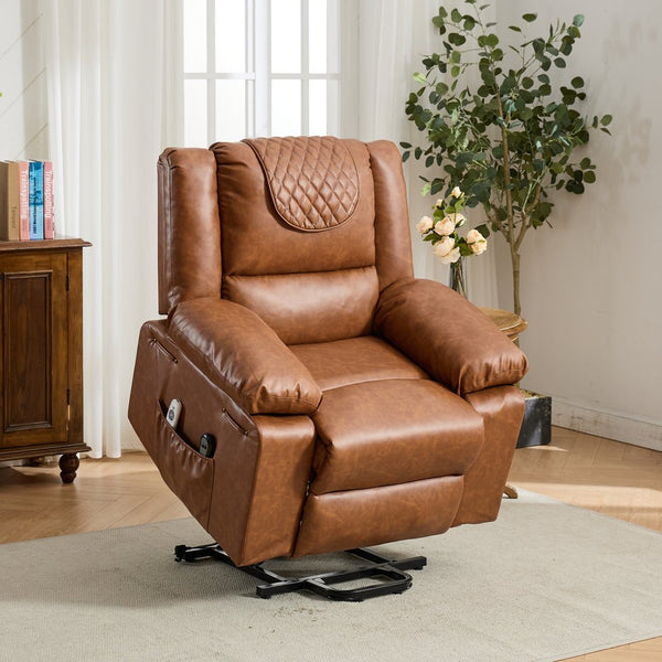 English Elm Brown PU Remote-Controlled Heating Massage Recliner for Seniors with Assist Lift, Cup Tray & Remote Controls W570P320458