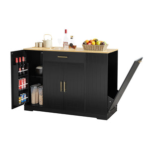 English Elm 53 Inch Kitchen Island With Hidden Trash Can, Adjustable Shelves & Drawer - Stylish Black & Oak Design W1820P199484