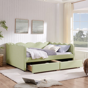 English Elm Queen Gingham Linen Daybed with Wave Backrest Two Storage Drawers and Usb Port Green W1413S00151