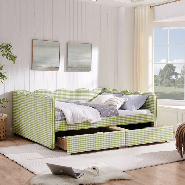 English Elm Queen Gingham Linen Daybed with Wave Backrest Two Storage Drawers and Usb Port Green W1413S00151