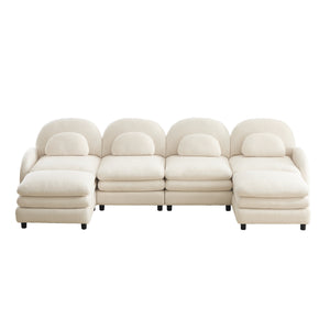 English Elm Teddy Fleece Curved Modular Sectional Sofa with Movable Ottomans for Cozy Living Rooms Beige White W5656S00089