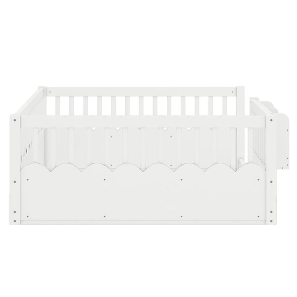 English Elm Twin Low Profile Kids Floor Bed Pine Wood Frame with Safety Rail and Built in Bookshelf White W1580P373138