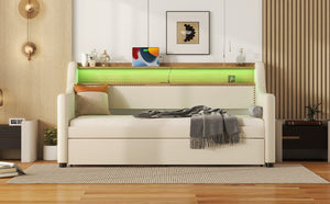 English Elm Twin Size Daybed With Trundle, Usb Charging Station & Led Lights - Chic Beige Upholstered Design W1580S00025-GIGA