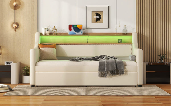 English Elm Twin Size Daybed With Trundle, Stylish Upholstered Design, Charging Station & Led Lights In Beige W1580S00043-GIGA