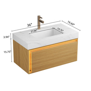 English Elm NYAH Floating 36" Bathroom Vanity with Sintered Stone Top, Ceramic Undermount Basin, LED Sensor Lighting and Soft-Close Drawer System Carrara White,Light Oak W2615S00366