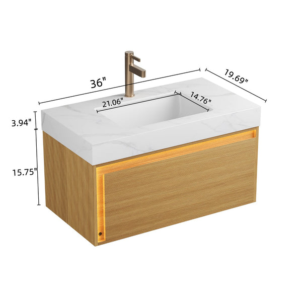 English Elm NYAH Floating 36" Bathroom Vanity with Sintered Stone Top, Ceramic Undermount Basin, LED Sensor Lighting and Soft-Close Drawer System Carrara White,Light Oak W2615S00366