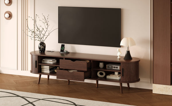English Elm 70 Mid Century TV Stand with Rattan-Front Drawers, Tambour Doors, Built-In Outlets & Solid Wood Legs Dark Brown N710P339446P