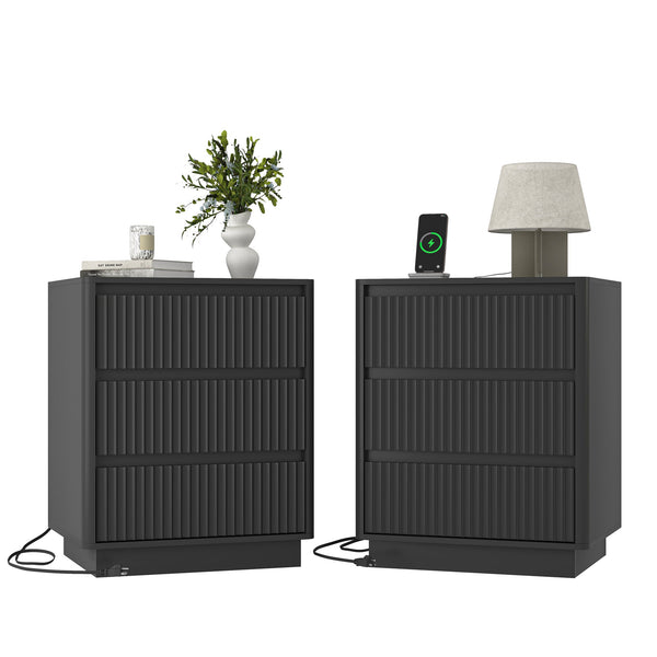 English Elm (set Set of 2 Modern End Tables with Usb-c Charging and Three Drawer Storage for Any Room Black W409P414473