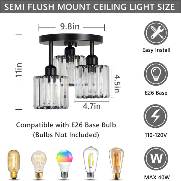 English Elm Crystal 3-Light Semi Flush Mount Ceiling Light Fixture - Modern Black Design For Kitchens & Hallways W2738P185421