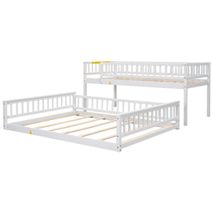 English Elm Twin Twin XL over Queen bunk bed with ladder and guardrails, sturdy pine MDF frame for small rooms White GX000464AAK