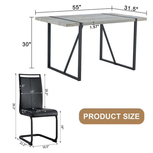 English Elm Table Set: Modern Minimalist Grey Marble Dining Table With 4 Black Pu Leather Chairs & Metal Frame W1151S02683-GIGA