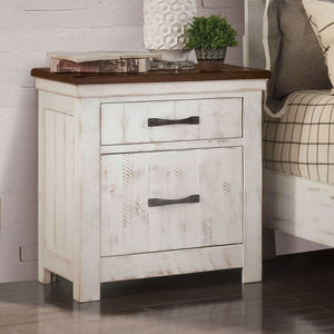 English Elm Plank Distressed White Transitional Nightstand 2-Drawer Solid Wood Bedside Table with Brass Arch Pulls and Felt-Lined French Dovetail Drawers B011P378480