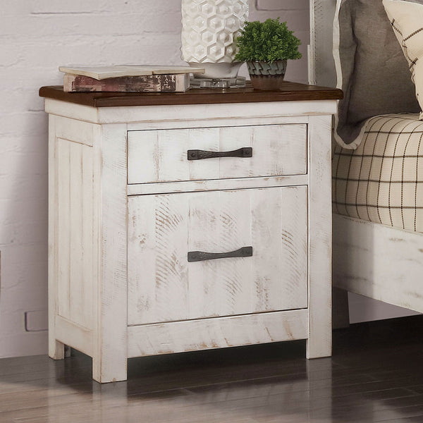 English Elm Plank Distressed White Transitional Nightstand 2-Drawer Solid Wood Bedside Table with Brass Arch Pulls and Felt-Lined French Dovetail Drawers B011P378480