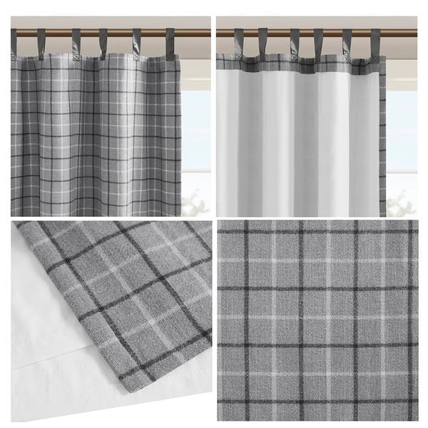 JLA Home Madison Park - Plaid Faux Leather Tab Top Curtain Panel with Fleece Lining for Insulation, Privacy & Machine Washable Grey MP40-8276
