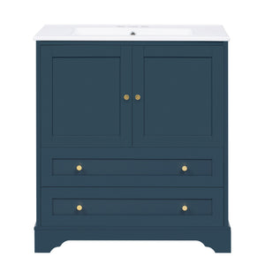 English Elm 30'' Modern Navy Blue Bathroom Vanity With Ceramic Sink, Soft-Close Doors & Gold Handles For Style N710P228365C