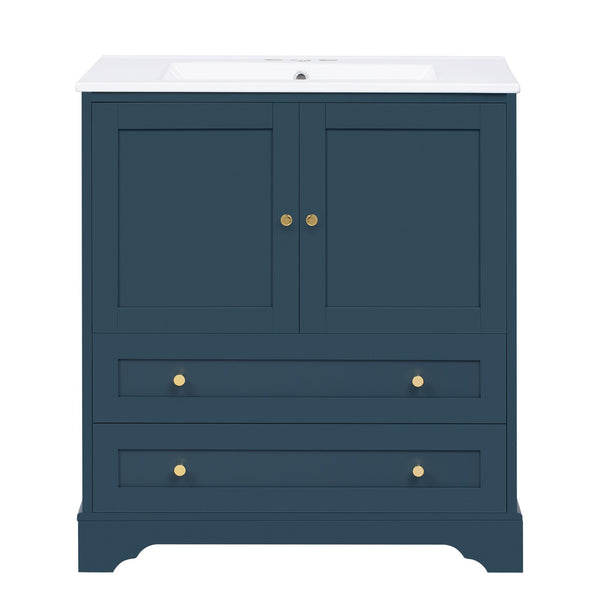 English Elm 30'' Modern Navy Blue Bathroom Vanity With Ceramic Sink, Soft-Close Doors & Gold Handles For Style N710P228365C