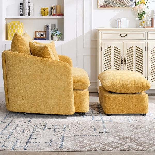 English Elm 360° 360 Swivel Oversized Chenille Armchair with Pocket Spring Seat and Three Throw Pillows Yellow W1361S00091