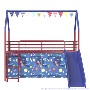 English Elm Jack Metal Junior Loft Bed With Slide & Curtain Set – Superhero Red & Blue Design For Fun Playtime! B083P354665