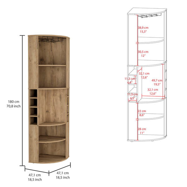 English Elm Oban Corner Bar Cabinet with Five Shelves, Eight Bottle Cubbies and Space-Saving Tall Storage Design Beige 45 L x 23 W x 4 H B070S00252
