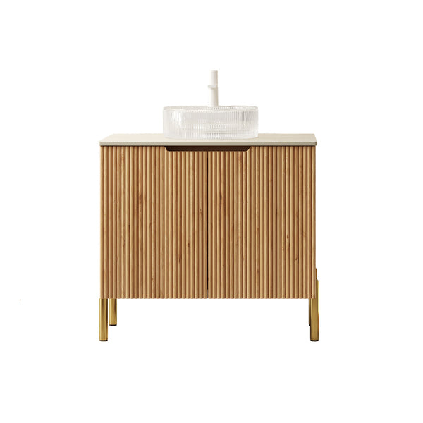 English Elm Turio Freestanding Bathroom Vanity Plywood Cabinet Sintered Stone Top Glass Basin W2615S00642
