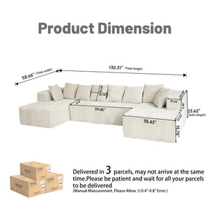 English Elm Modular U-Shaped Sectional Sofa - Customizable 130-Inch Chaise Lounge In Beige Corduroy For Modern Spaces W3276S00008