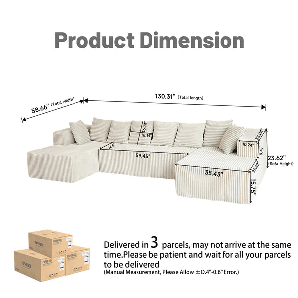English Elm Modular U-Shaped Sectional Sofa - Customizable 130-Inch Chaise Lounge In Beige Corduroy For Modern Spaces W3276S00008