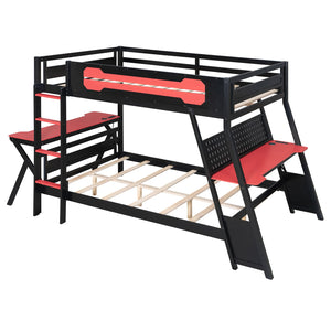 English Elm Full Size Gaming Bunk Bed with Dual Desks Usb Charging Ports and Pegboard Storage Red LT000274AAR