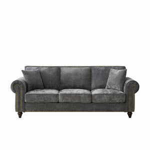 English Elm 86" Modern 3-Seater Sofa with Rolled Arms Chenille Upholstery, Nailhead Trim, Solid Wood Base for Living Room Comfort and Durability Gray W3373S00017