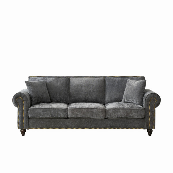English Elm 86" Modern 3-Seater Sofa with Rolled Arms Chenille Upholstery, Nailhead Trim, Solid Wood Base for Living Room Comfort and Durability Gray W3373S00017