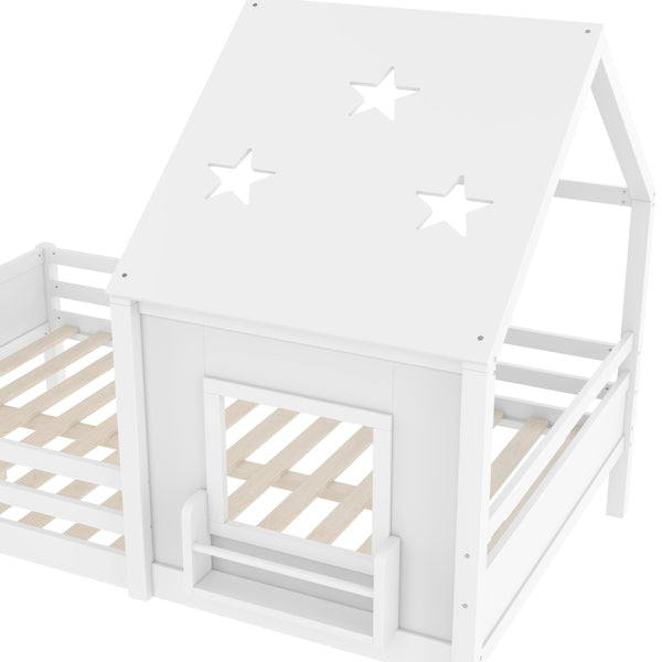 English Elm Full Bunk Bed with Trundle Bookshelf Storage Pine Frame Car Design for Kids Light White W1580S00295