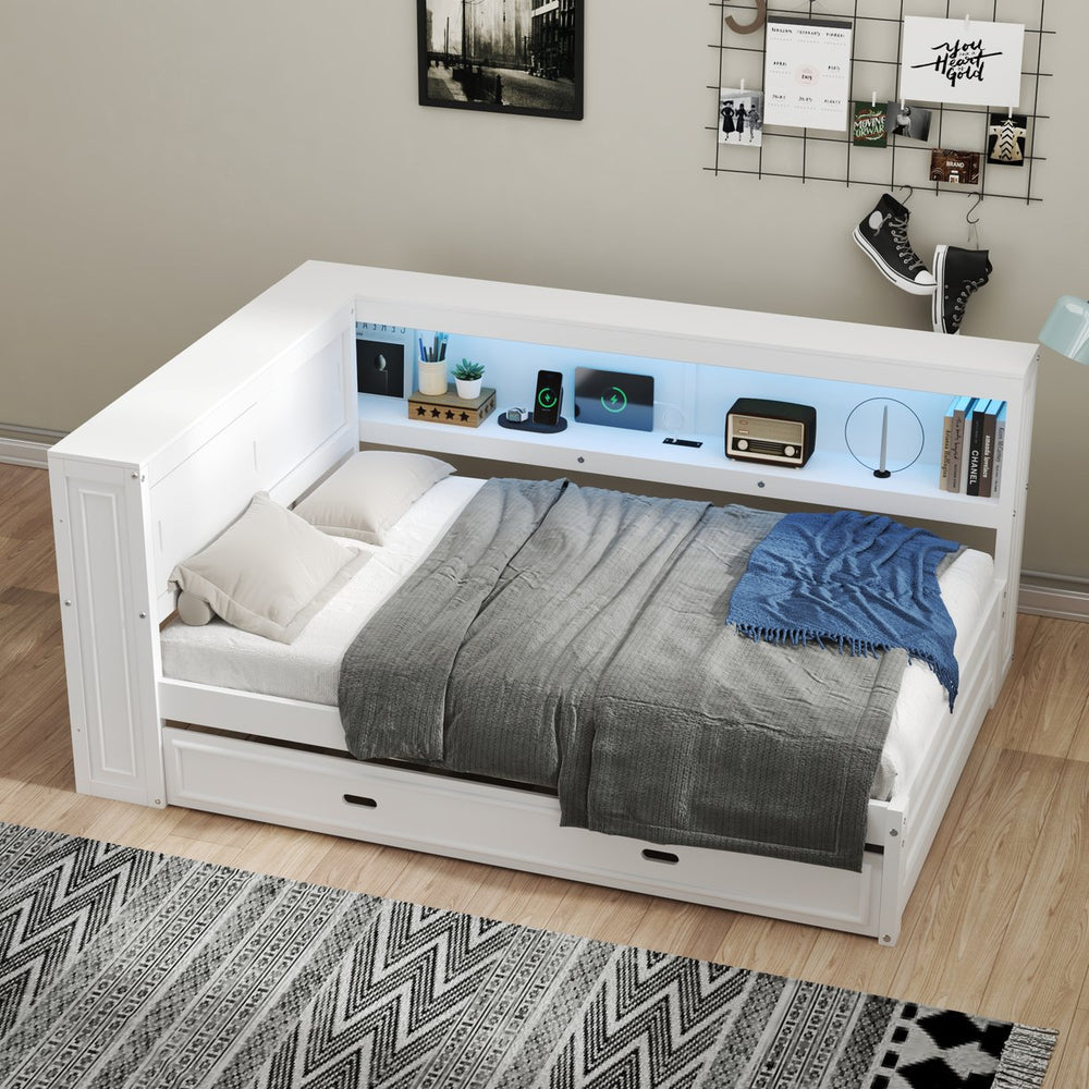 English Elm Full Pine Daybed with Trundle Sliding Storage Shelves Led Lighting and Usb Charging White GX004003AAK