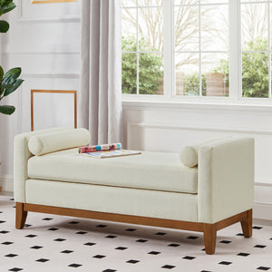 English Elm Large Boucle Upholstered Window Bench with Armrests and Throw Pillows for Entryway Beige W2186P454321