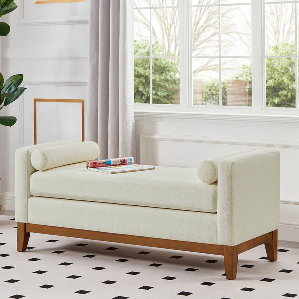 English Elm Large Boucle Upholstered Window Bench with Armrests and Throw Pillows for Entryway Beige W2186P454321