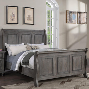English Elm Grey Sleigh Design Queen Bed with 3-Panel Headboard in Antique Gray Oak Finish — Transitional Barn Style Bedroom B011S01396