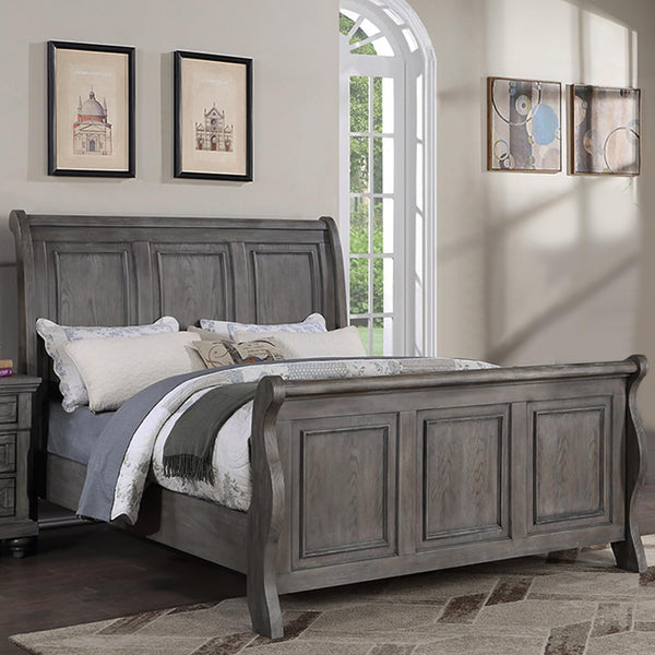 English Elm Grey Sleigh Design Queen Bed with 3-Panel Headboard in Antique Gray Oak Finish — Transitional Barn Style Bedroom B011S01396