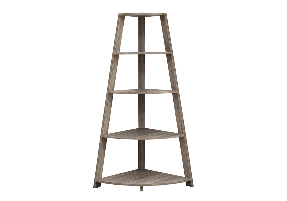 English Elm Bookshelf, 4-Tier Corner Etagere in Warm Taupe Laminate — Modern Particle Board Shelf, 60"h B2710P219029