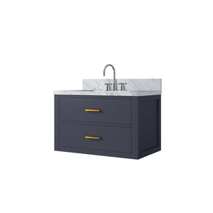 English Elm Blue Single Sink Vanity Set With Carrara Marble Top & Chrome Faucet - Elegant Bathroom Upgrade! B2731P257930