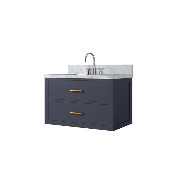 English Elm Blue Single Sink Vanity Set With Carrara Marble Top & Chrome Faucet - Elegant Bathroom Upgrade! B2731P257930