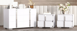 English Elm 3-Pieces Mirrored 6-Drawer Dresser and Two Nightstands with Sleek Metal Legs for Modern Living White 54.25 L x 20.75 W x 8.5 H N733S307938W