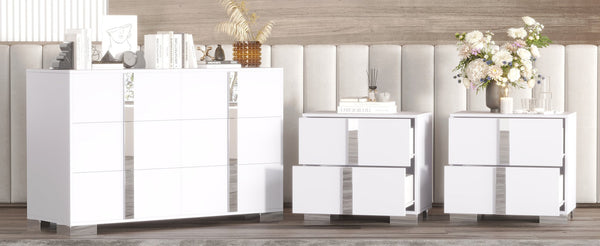 English Elm 3-Pieces Mirrored 6-Drawer Dresser and Two Nightstands with Sleek Metal Legs for Modern Living White 54.25 L x 20.75 W x 8.5 H N733S307938W