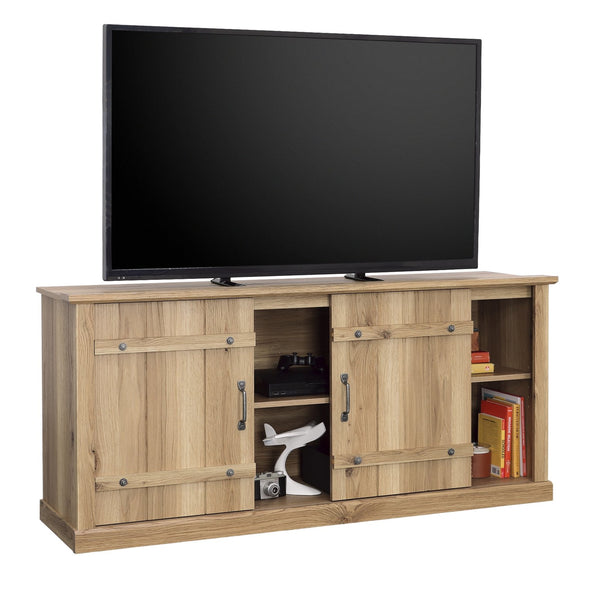 English Elm Credenza, Rustic 70" TV Stand with Sliding Barn Doors, Adjustable Shelves, Cord Management, 62" White Oak B356P354429