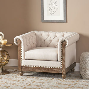 English Elm Christopher Knight Home® - CLUB Club Chair Chesterfield-Inspired Tufted PU Upholstery with Nailhead Trim, Scrolled Arms, Turned Legs Beige 39.25 L x 34.25 W x 25 H 72069.00FBGE