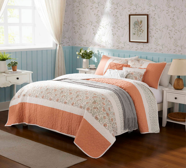 English Elm 6 Madison Park Dawn Cotton Percale Reversible Quilt Set with Paisley Pintuck, Lace Trim, Pillows, Full/Queen Coral 18.31 L x 23.03 W x 12.01 H B035129020
